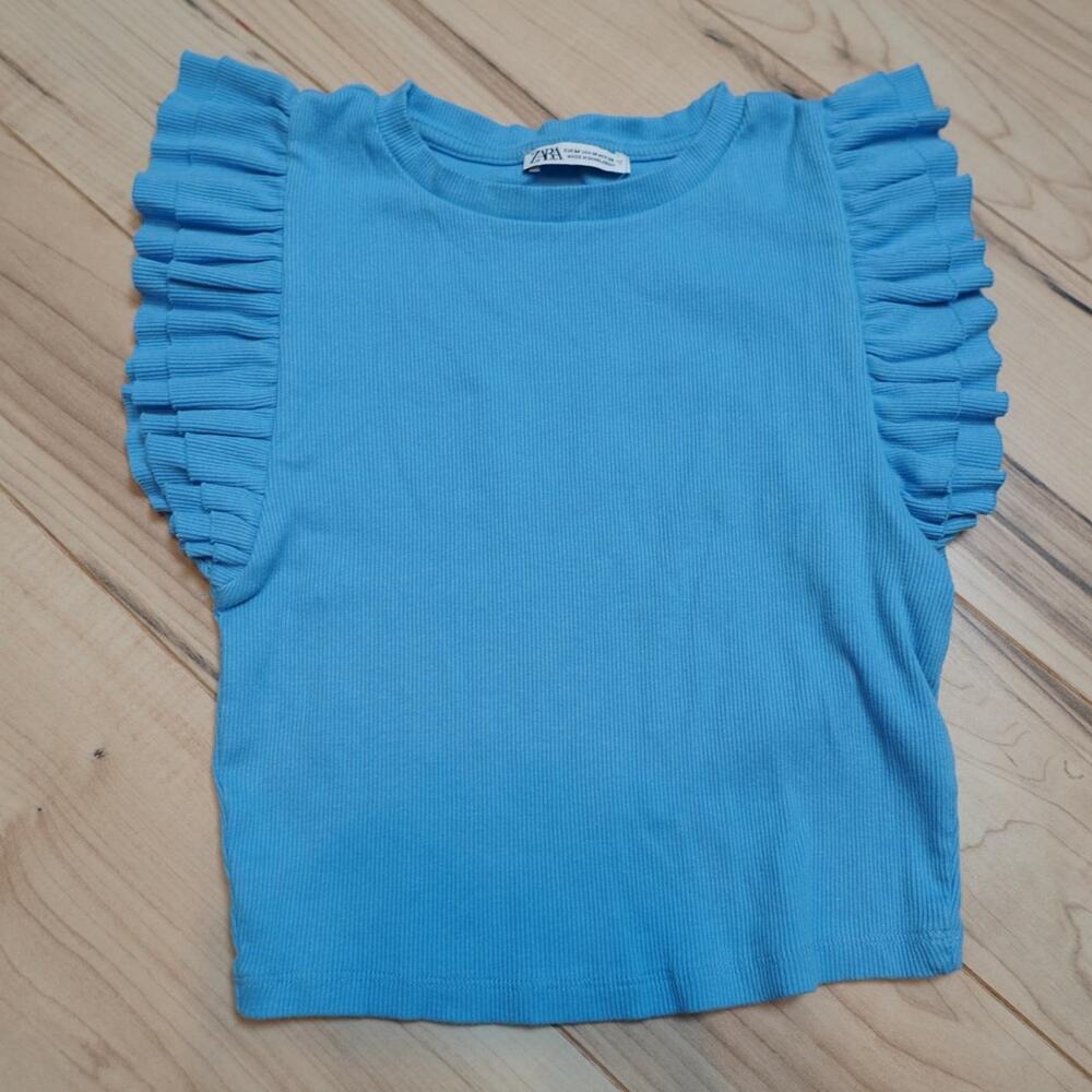 Zara Blue Ribbed Ruffle Flutter Sleeve Crop Top Coquette M
